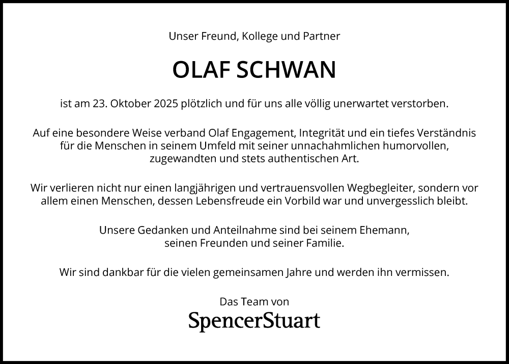  Traueranzeige für Olaf Schwan vom 31.10.2025 aus Süddeutsche Zeitung