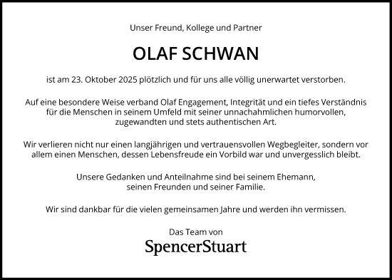 Traueranzeige von Olaf Schwan von Süddeutsche Zeitung