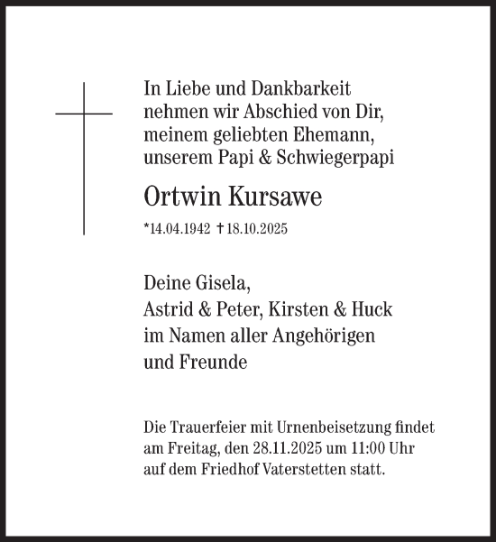 Traueranzeige von Ortwin Kursawe von Süddeutsche Zeitung