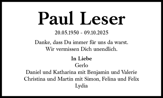 Traueranzeige von Paul Leser von Süddeutsche Zeitung