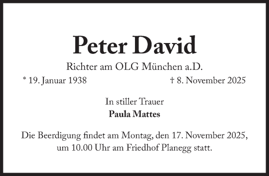 Traueranzeige von Peter David von Süddeutsche Zeitung