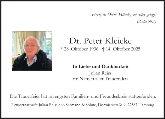 Traueranzeige von Peter Kleicke von Süddeutsche Zeitung