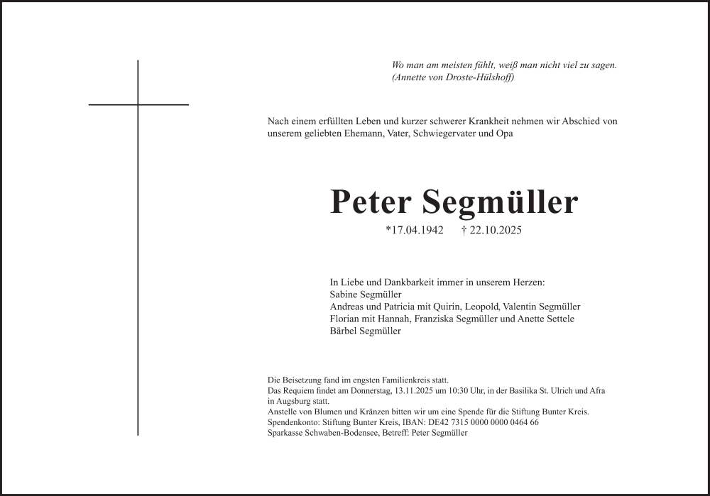  Traueranzeige für Peter Segmüller vom 31.10.2025 aus Süddeutsche Zeitung