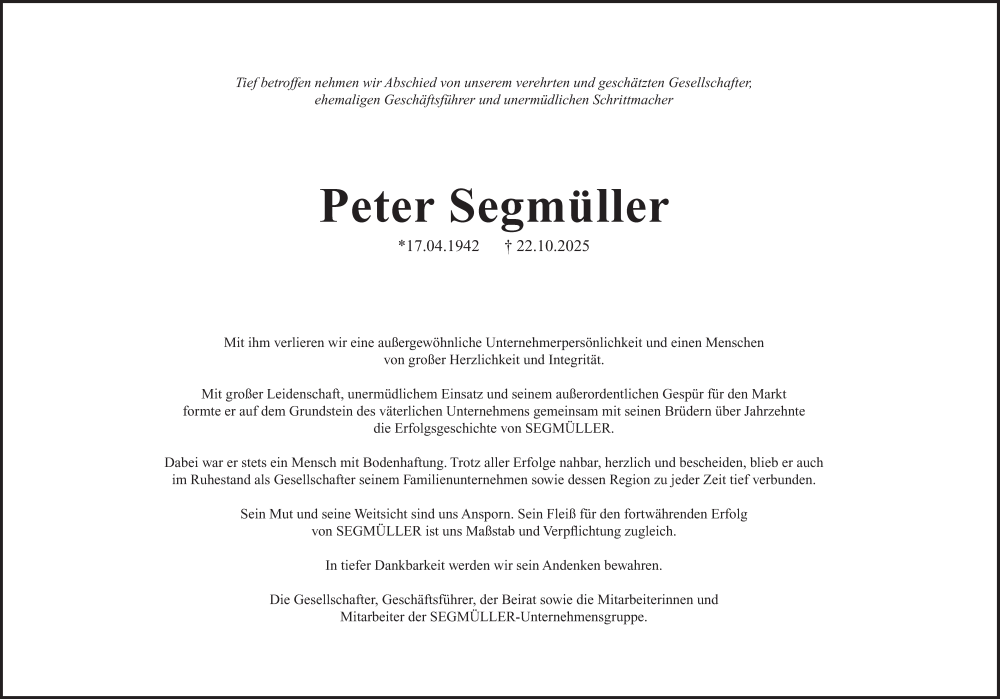  Traueranzeige für Peter Segmüller vom 31.10.2025 aus Süddeutsche Zeitung