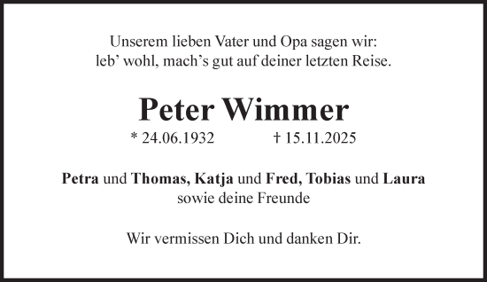 Traueranzeige von Peter Wimmer von Süddeutsche Zeitung