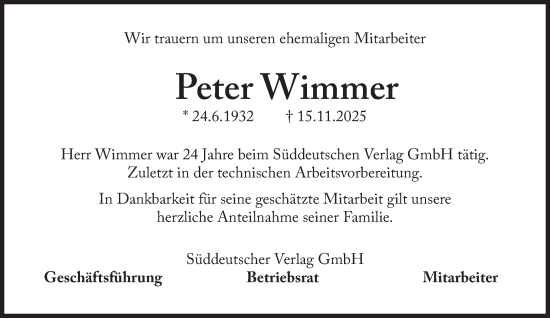 Traueranzeige von Peter Wimmer von Süddeutsche Zeitung
