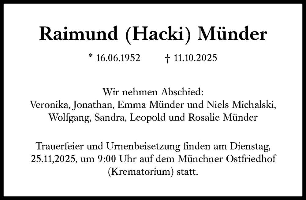  Traueranzeige für Raimund Münder vom 08.11.2025 aus Süddeutsche Zeitung