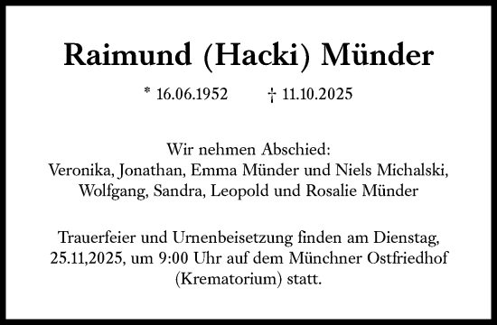 Traueranzeige von Raimund Münder von Süddeutsche Zeitung