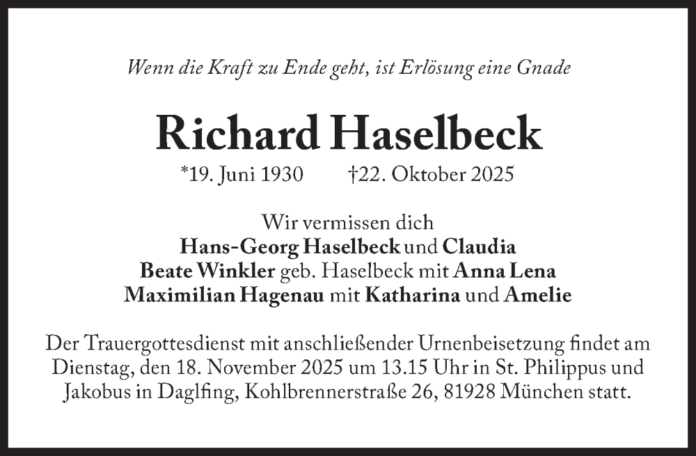  Traueranzeige für Richard Haselbeck vom 15.11.2025 aus Süddeutsche Zeitung