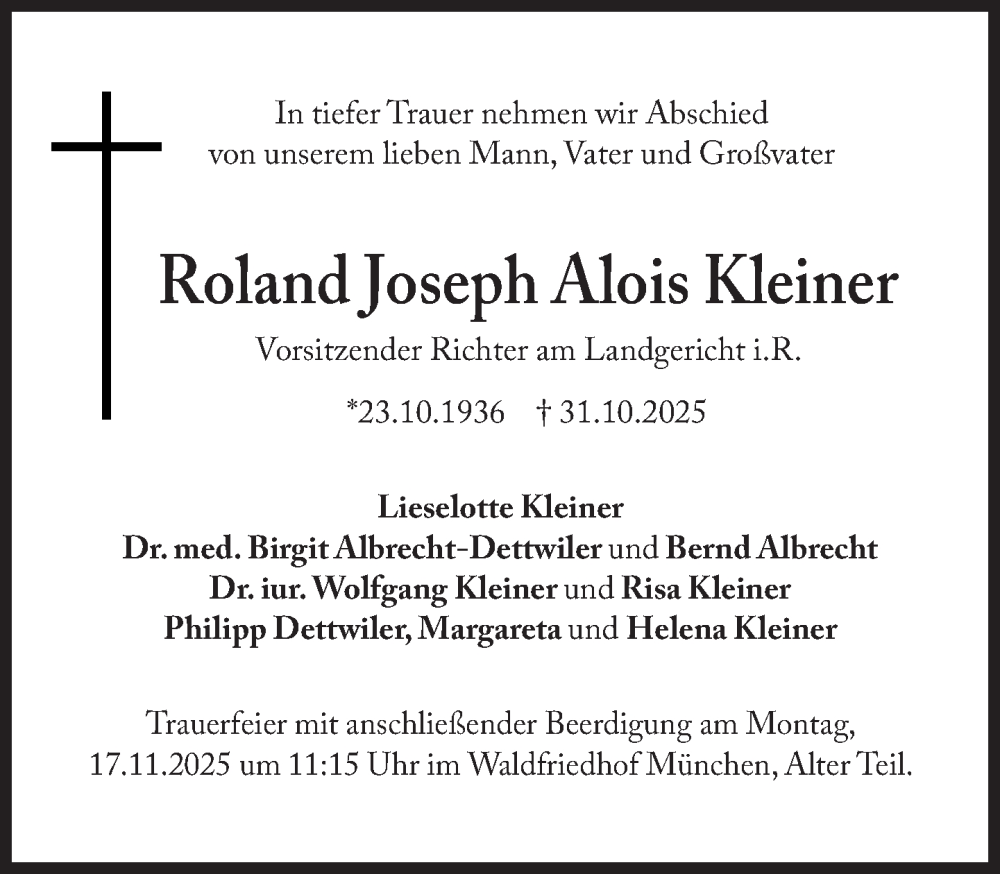  Traueranzeige für Roland Joseph Alois Kleiner vom 08.11.2025 aus Süddeutsche Zeitung