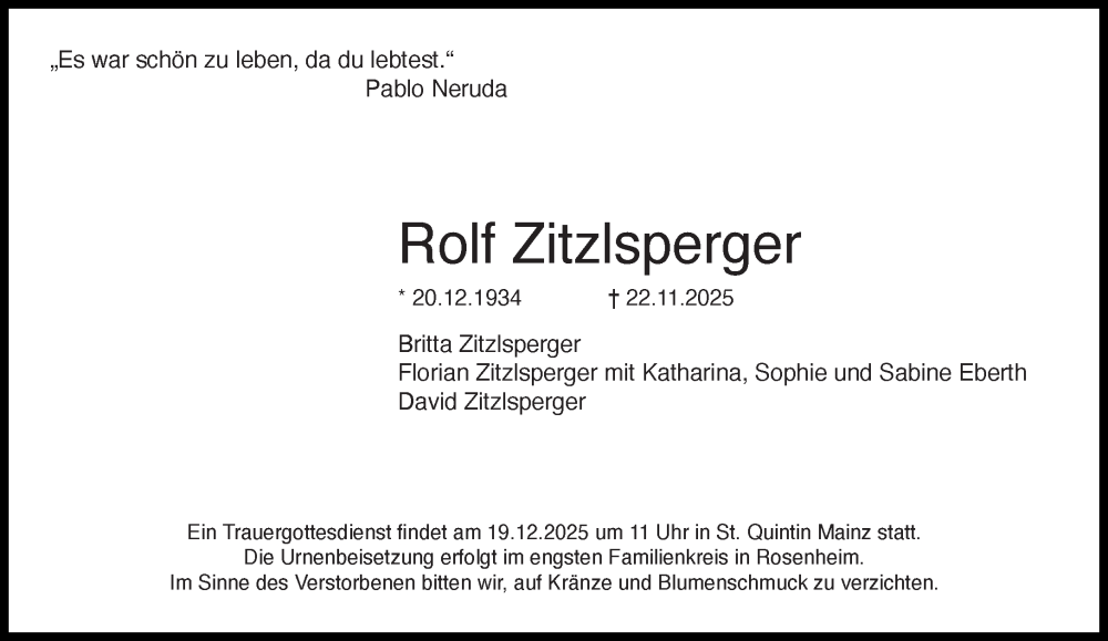  Traueranzeige für Rolf Zitzlsperger vom 29.11.2025 aus Süddeutsche Zeitung
