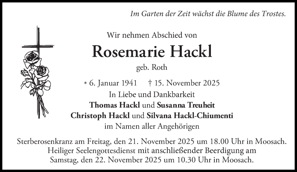  Traueranzeige für Rosemarie Hackl vom 19.11.2025 aus Süddeutsche Zeitung