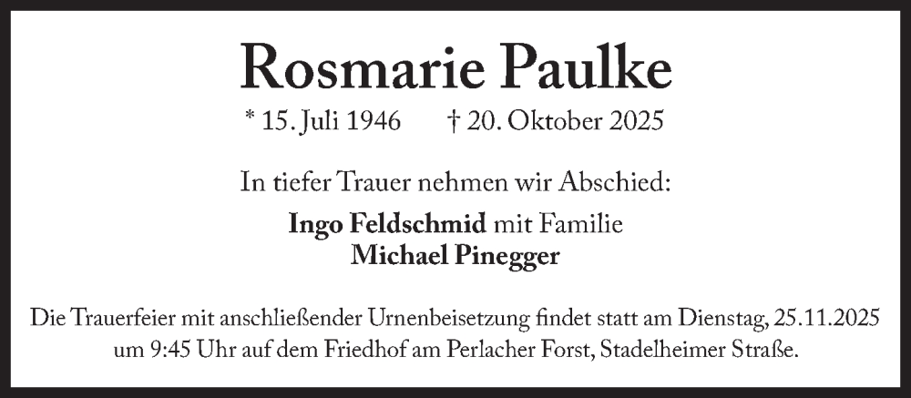  Traueranzeige für Rosmarie Paulke vom 31.10.2025 aus Süddeutsche Zeitung