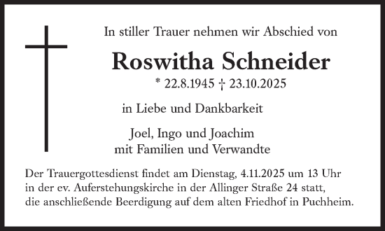 Traueranzeige von Roswitha Schneider von Süddeutsche Zeitung
