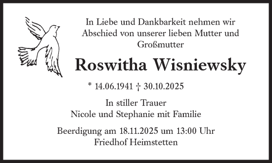 Traueranzeige von Roswitha Wisniewsky von Süddeutsche Zeitung