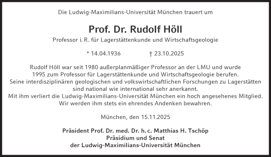 Traueranzeige von Rudolf Höll von Süddeutsche Zeitung