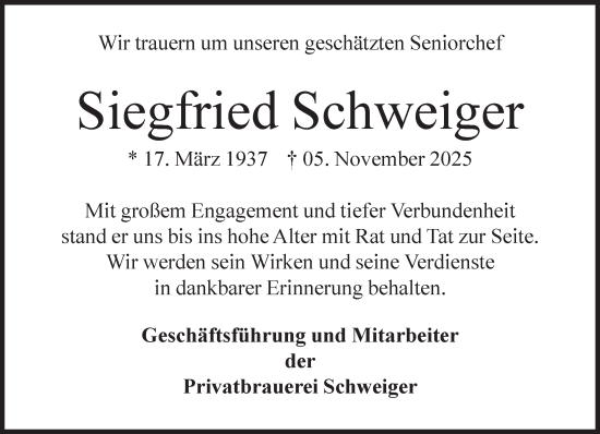 Traueranzeige von Siegfried Schweiger von Süddeutsche Zeitung