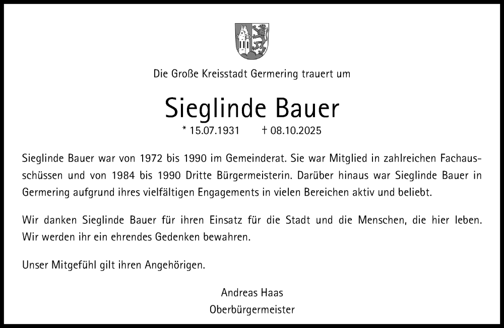  Traueranzeige für Sieglinde Bauer vom 25.10.2025 aus Süddeutsche Zeitung