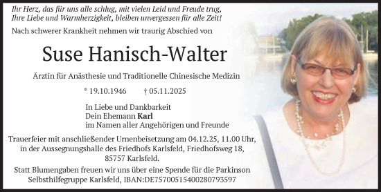 Traueranzeige von Suse Hanisch-Walter von Süddeutsche Zeitung