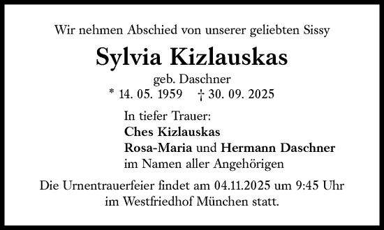 Traueranzeige von Sylvia Kizlauskas von Süddeutsche Zeitung