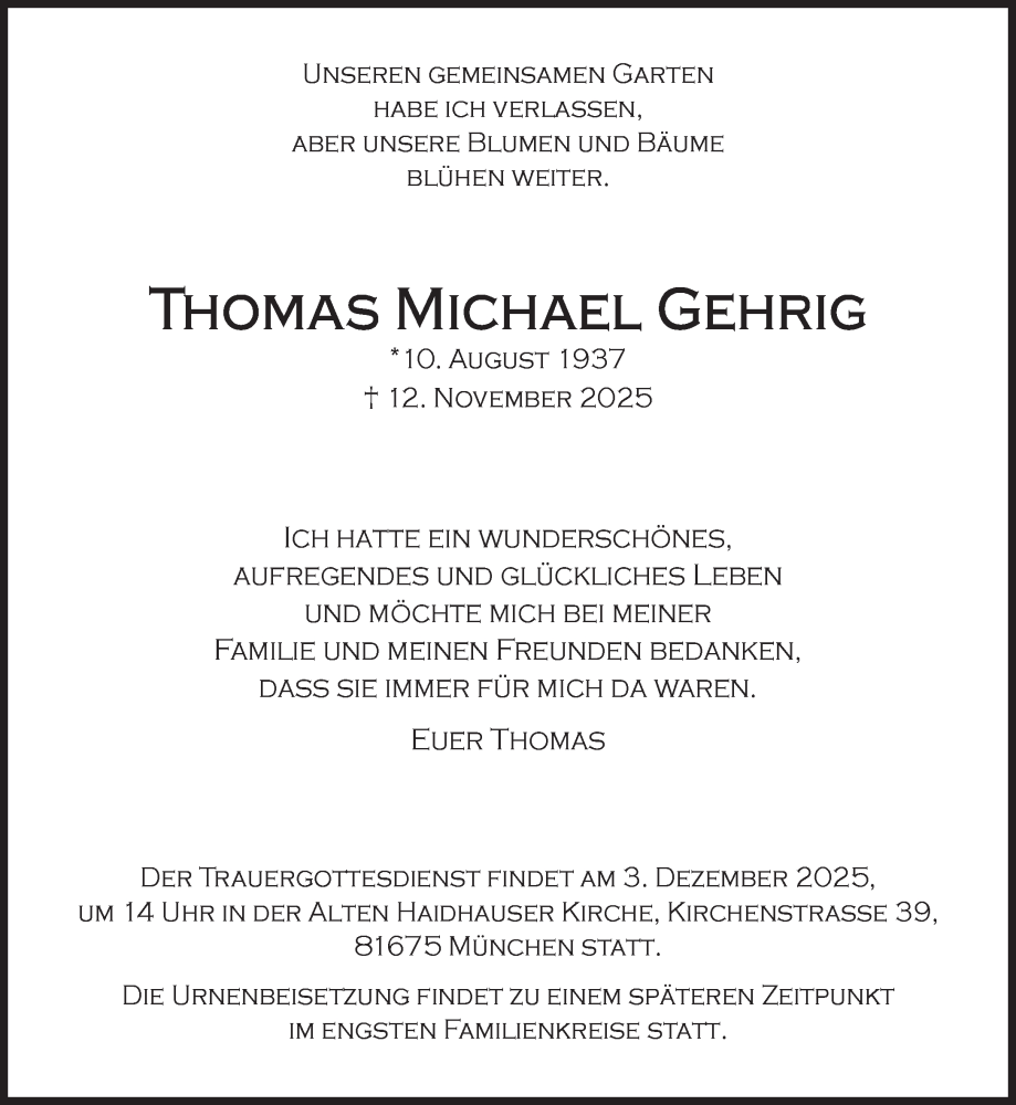  Traueranzeige für Thomas Michael Gehrig vom 22.11.2025 aus Süddeutsche Zeitung