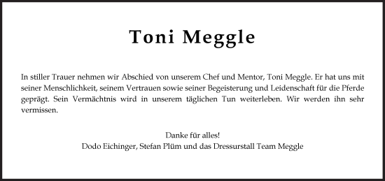 Traueranzeige von Toni Meggle von Süddeutsche Zeitung