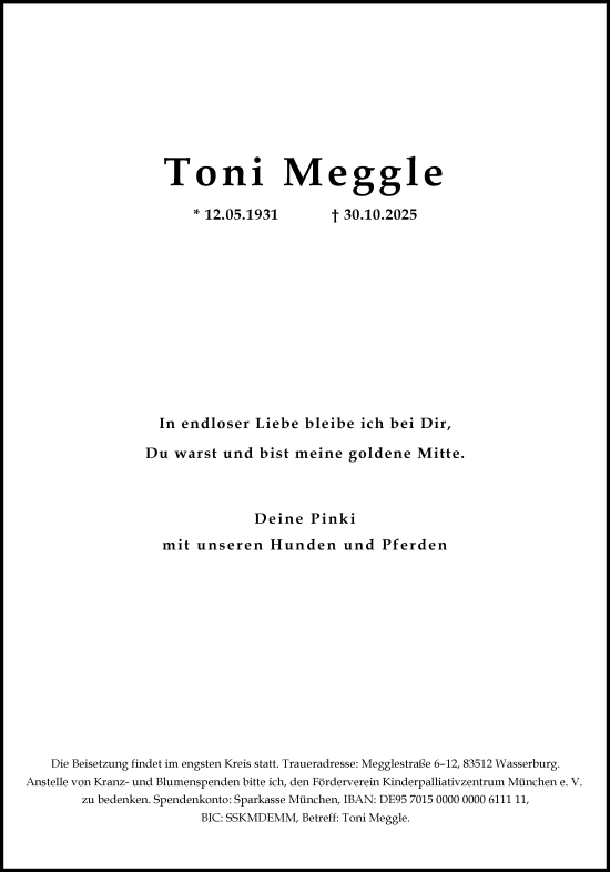 Traueranzeige von Toni Meggle von Süddeutsche Zeitung