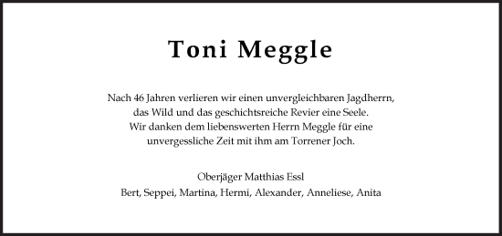 Traueranzeige von Toni Meggle von Süddeutsche Zeitung