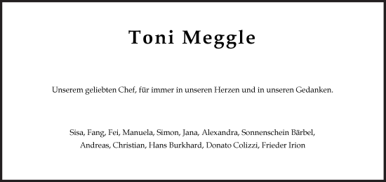 Traueranzeige von Toni Meggle von Süddeutsche Zeitung