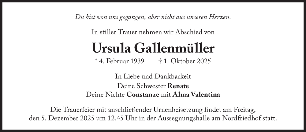  Traueranzeige für Ursula Gallenmüller vom 29.11.2025 aus Süddeutsche Zeitung