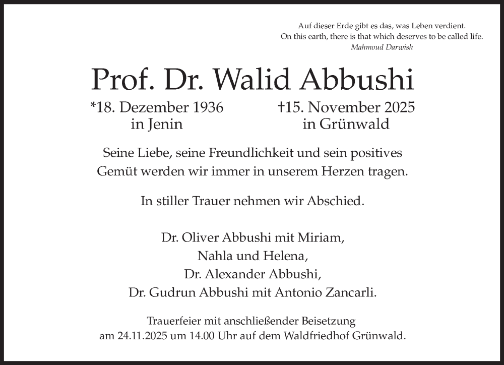  Traueranzeige für Walid Abbushi vom 22.11.2025 aus Süddeutsche Zeitung