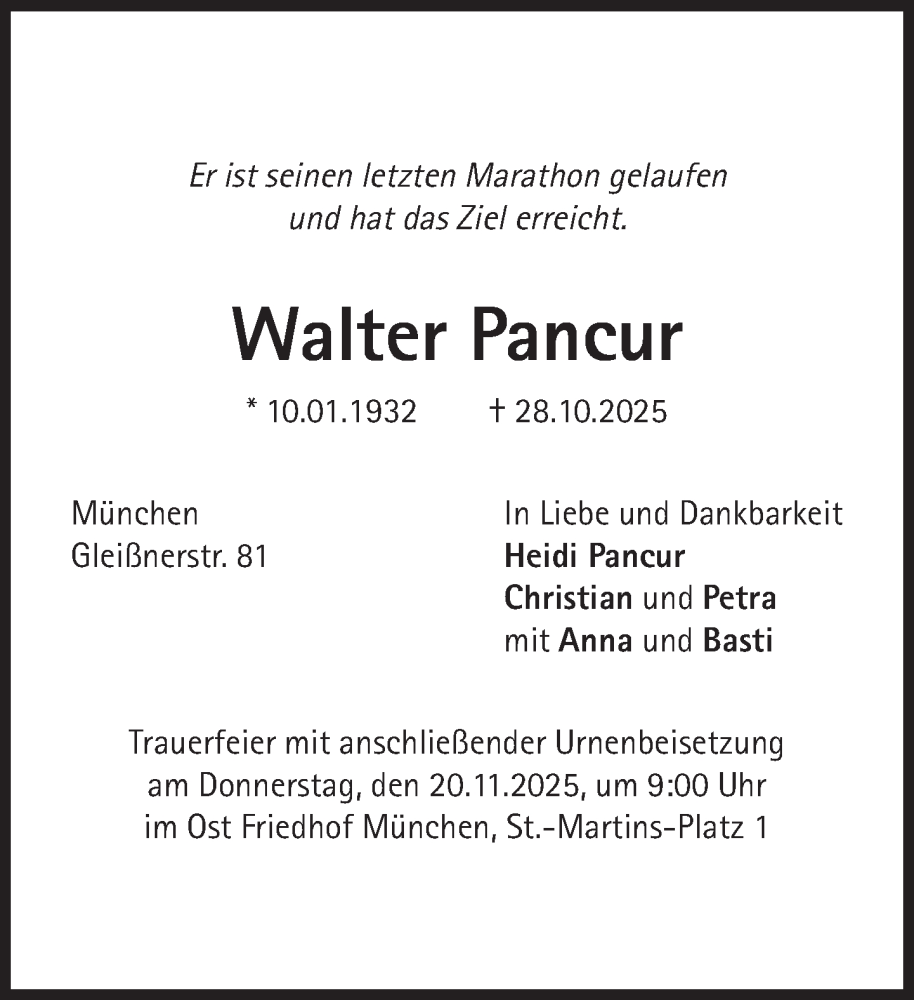  Traueranzeige für Walter Pancur vom 08.11.2025 aus Süddeutsche Zeitung