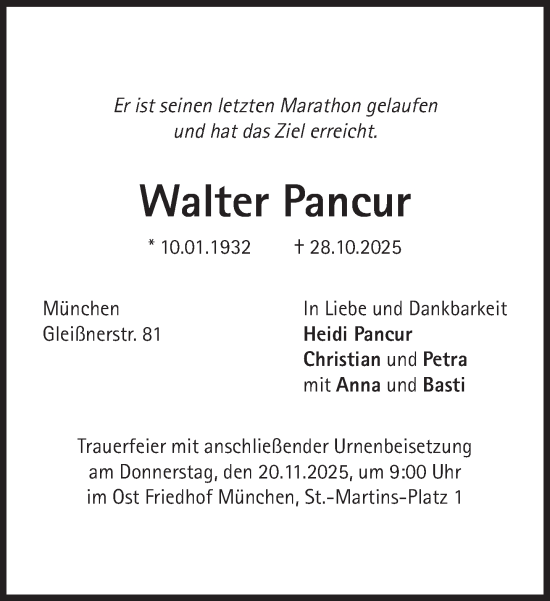Traueranzeige von Walter Pancur von Süddeutsche Zeitung