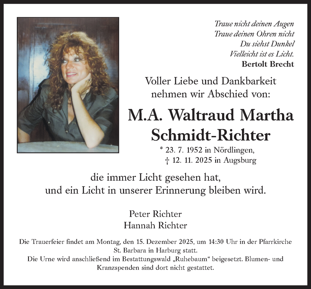  Traueranzeige für Waltraud Martha Schmidt-Richter vom 22.11.2025 aus Süddeutsche Zeitung