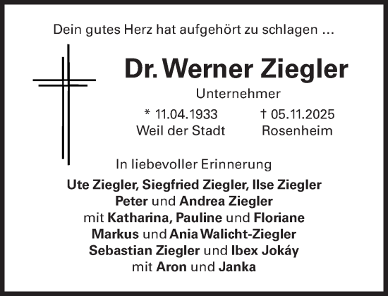 Traueranzeige von Werner Ziegler von Süddeutsche Zeitung