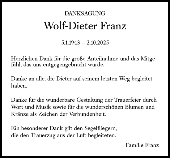 Traueranzeige von Wolf-Dieter Franz von Süddeutsche Zeitung