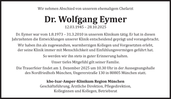Traueranzeige von Wolfgang Eymer von Süddeutsche Zeitung