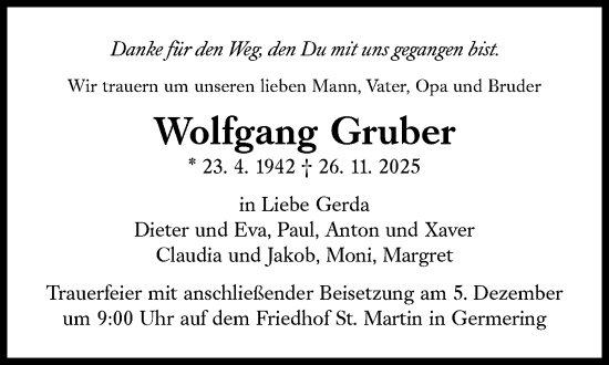 Traueranzeige von Wolfgang Gruber von Süddeutsche Zeitung