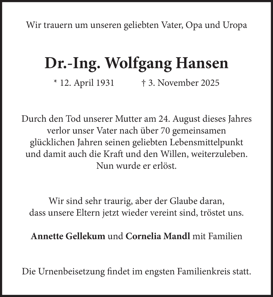  Traueranzeige für Wolfgang Hansen vom 15.11.2025 aus Süddeutsche Zeitung