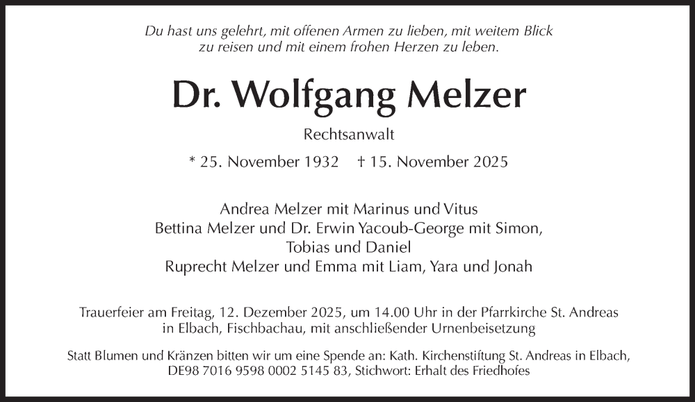  Traueranzeige für Wolfgang Melzer vom 29.11.2025 aus Süddeutsche Zeitung
