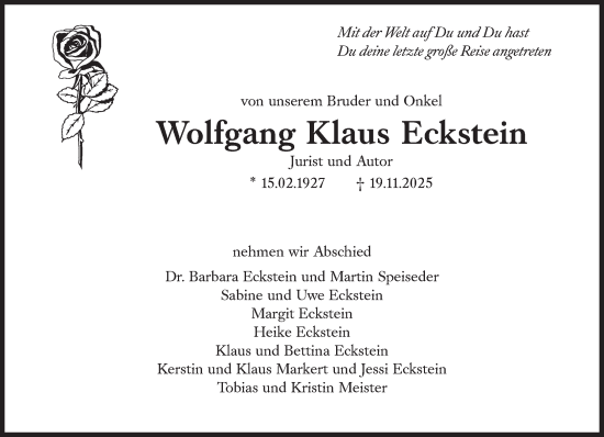 Traueranzeige von Wolfgang Klaus Eckstein von Süddeutsche Zeitung