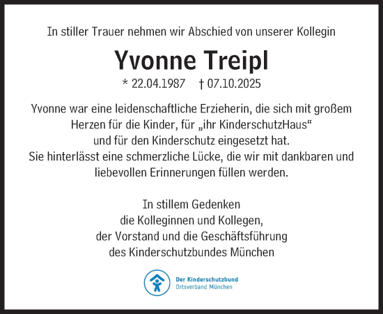 Traueranzeige von Yvonne Treipl von Süddeutsche Zeitung