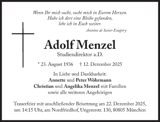 Traueranzeige von Adolf Menzel von Süddeutsche Zeitung