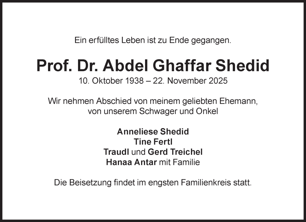  Traueranzeige für Abdel Ghaffar Shedid vom 06.12.2025 aus Süddeutsche Zeitung