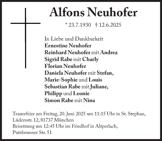 Traueranzeige von Alfons Neuhofer von Süddeutsche Zeitung