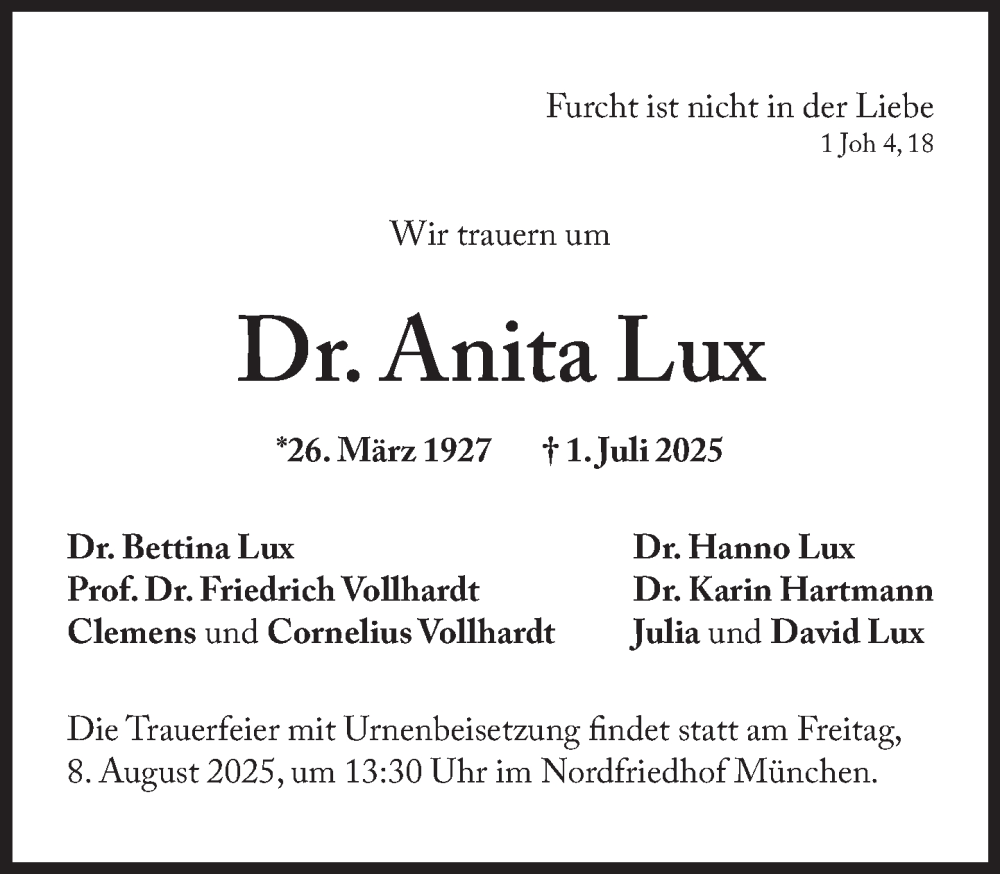  Traueranzeige für Anita Lux vom 02.08.2025 aus Süddeutsche Zeitung