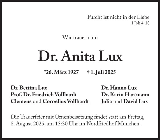 Traueranzeige von Anita Lux von Süddeutsche Zeitung