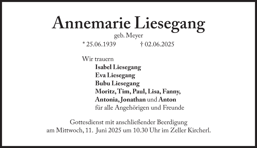  Traueranzeige für Annemarie Liesegang vom 07.06.2025 aus Süddeutsche Zeitung