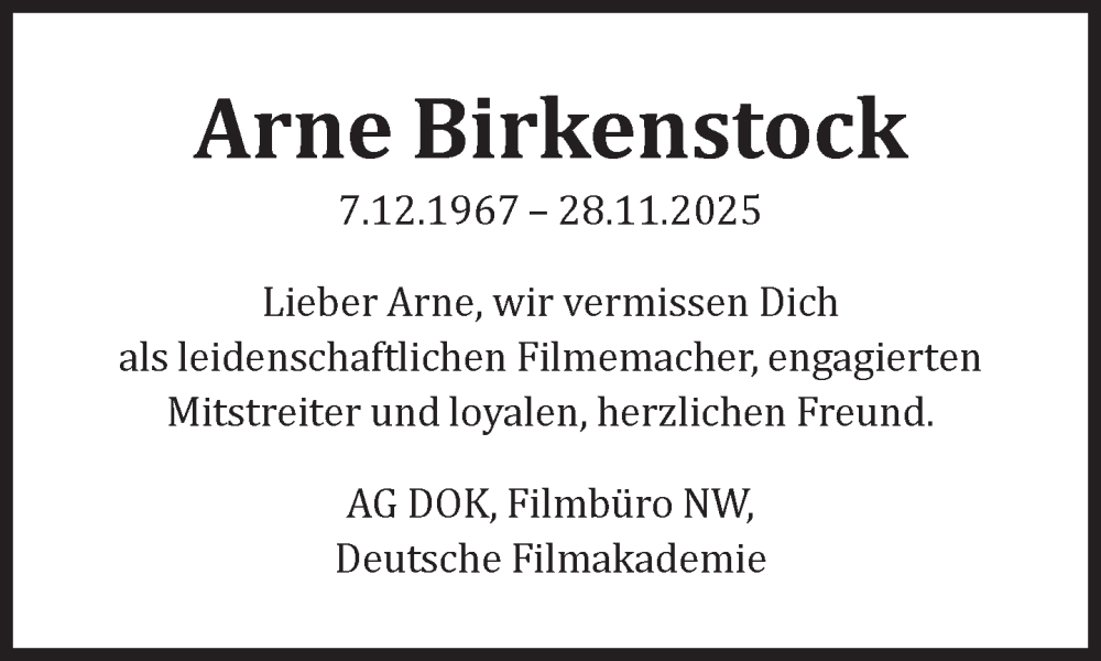  Traueranzeige für Arne Birkenstock vom 06.12.2025 aus Süddeutsche Zeitung