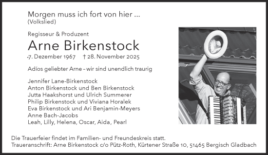 Traueranzeige von Arne Birkenstock von Süddeutsche Zeitung